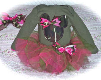 Custom made Boutique Pageant 3pc Camouflage Minnie Mouse infant tutu set with matching hairbow. size 9 month
