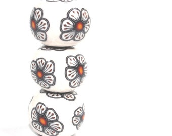 Polymer Clay rondelle beads in black, white, red and orange. Millefiori unique beads, Set of 3