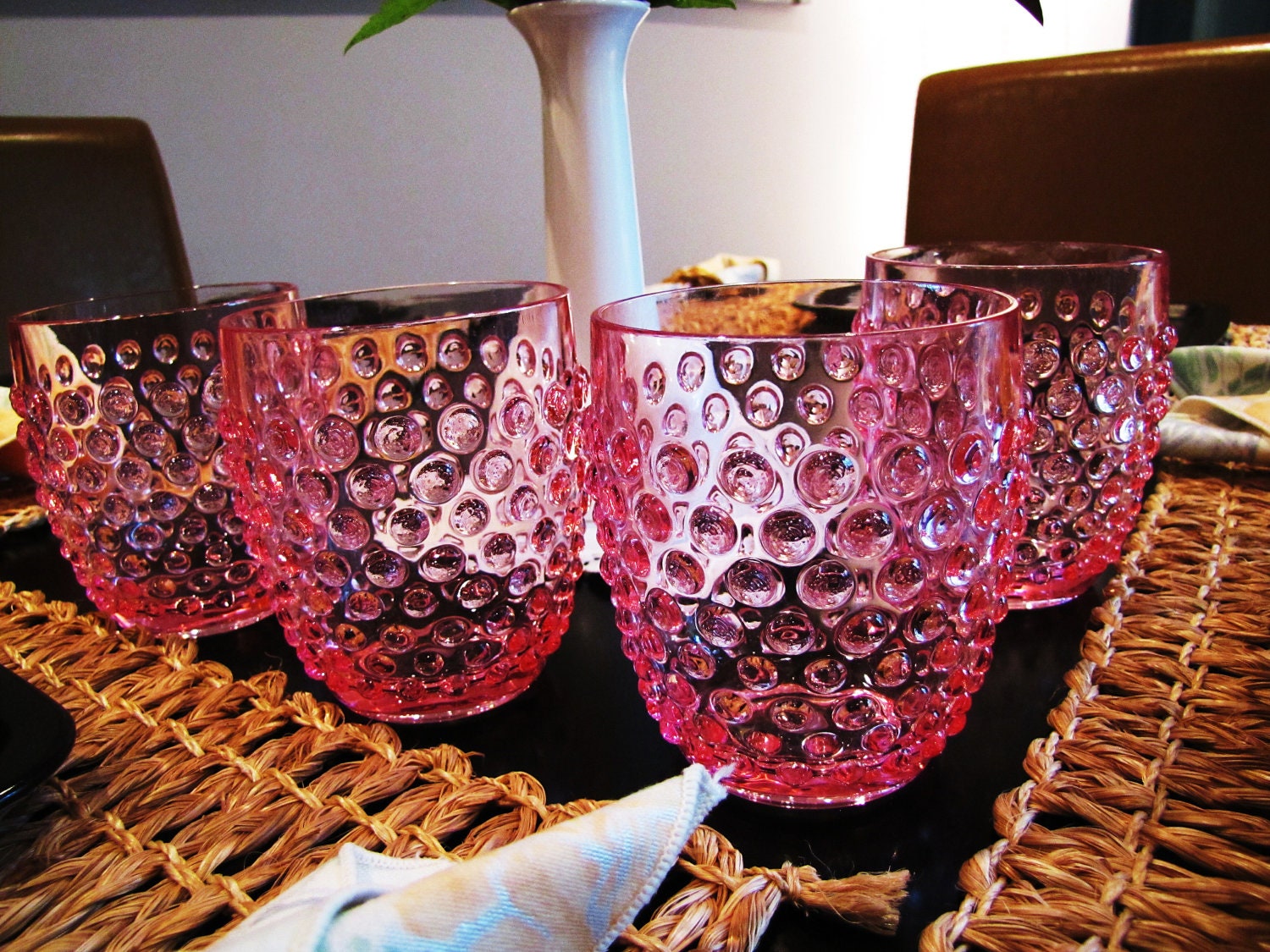 vintage pink acrylic hobnail drinking glasses set by VintageTins