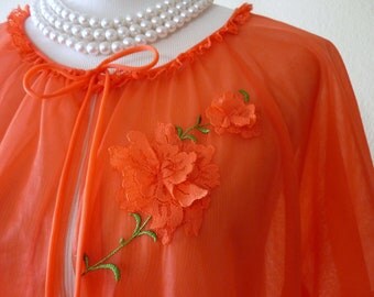 60's Vanity Fair Sheer Orange Peignoir with Lace Flowers in size S/M
