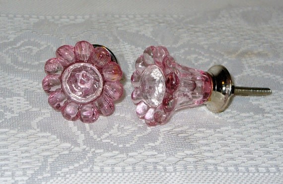 Pair of 2 Pink Glass Flower Knobs / Drawer Pulls for Furniture Dressers and Cabinets FREE SHIPPING.
