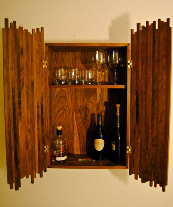 Hanging Liquor Cabinet Solid Walnut with Modular Shelf by Rovan