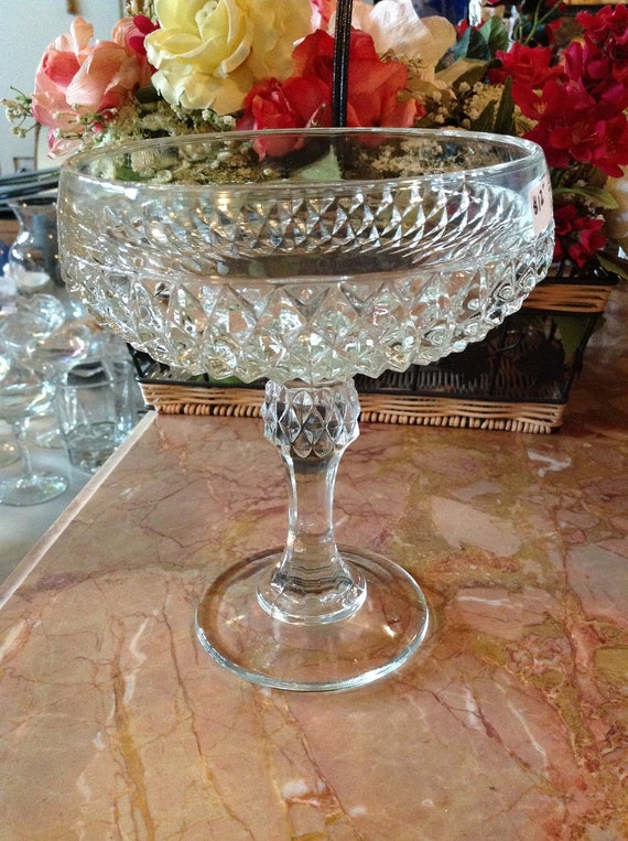 Clear crystal pedestal candy dish with diamond cut pattern