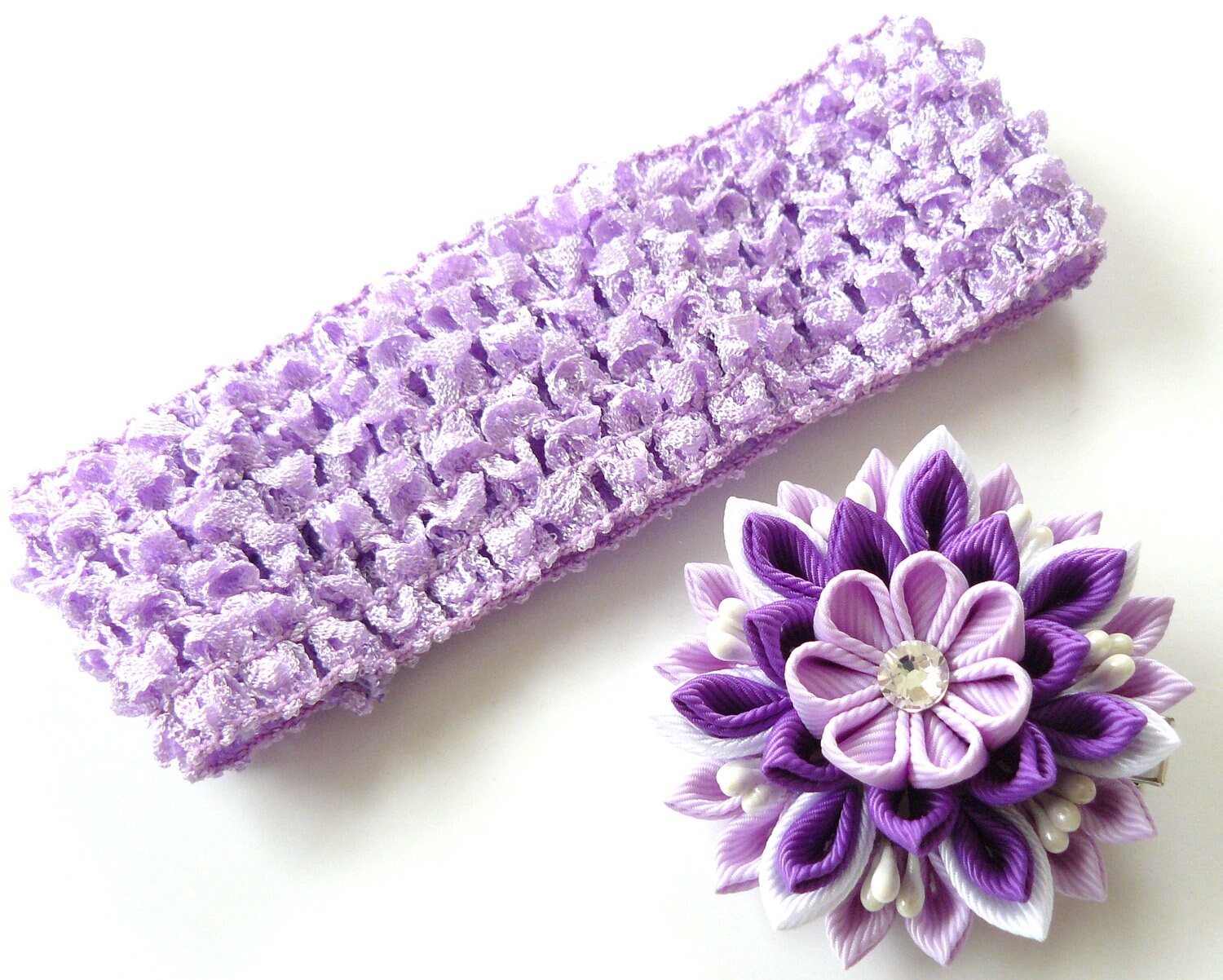 Crochet headband with Kanzashi fabric flower. Purple by JuLVa