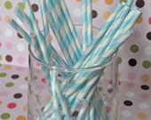 Paper Straws - 25 Powder Blue Baby Blue Light Blue Striped Party Straws and Coordinating DIY Straw Flag PDF