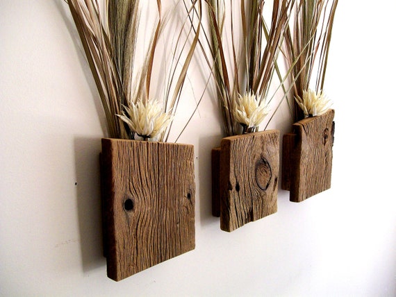 Set of 3 Rustic / Reclaimed / Barn Wood Wall Vase / Flower Set of 3 Rustic / Reclaimed / Barn Wood Wall Vase / Flower on Decorative Wall Sconces For Flowers Vases At Home Depot id=96316