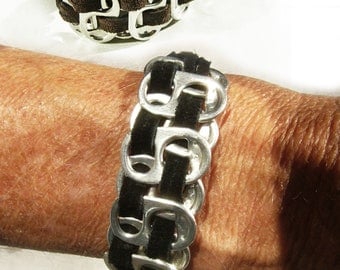 Bangle Bracelet, with Silver Tone Beads and Pull-tabs Novelty Adjustable Brown Suede Leather