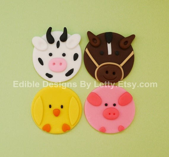 12 Edible Fondant Farm Animals Cupcake Toppers - Horse, Pig, Chick & Cow Il_570xn
