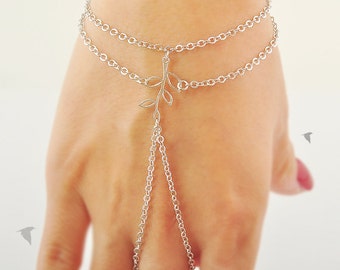 Mini Delicate Leaf Branch Center, Goddess Gypsy Gladiators Hand Finger Chain Bracelet Slave Bracelet