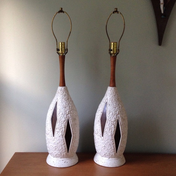 Mid Century Ceramic and Wood Lamp Pair by TwoGuysVintage on Etsy