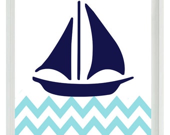 Nautical Sailboat Chevron Wall Art Print - Navy Blue Aqua White - Nursery Children Room Home Decor print