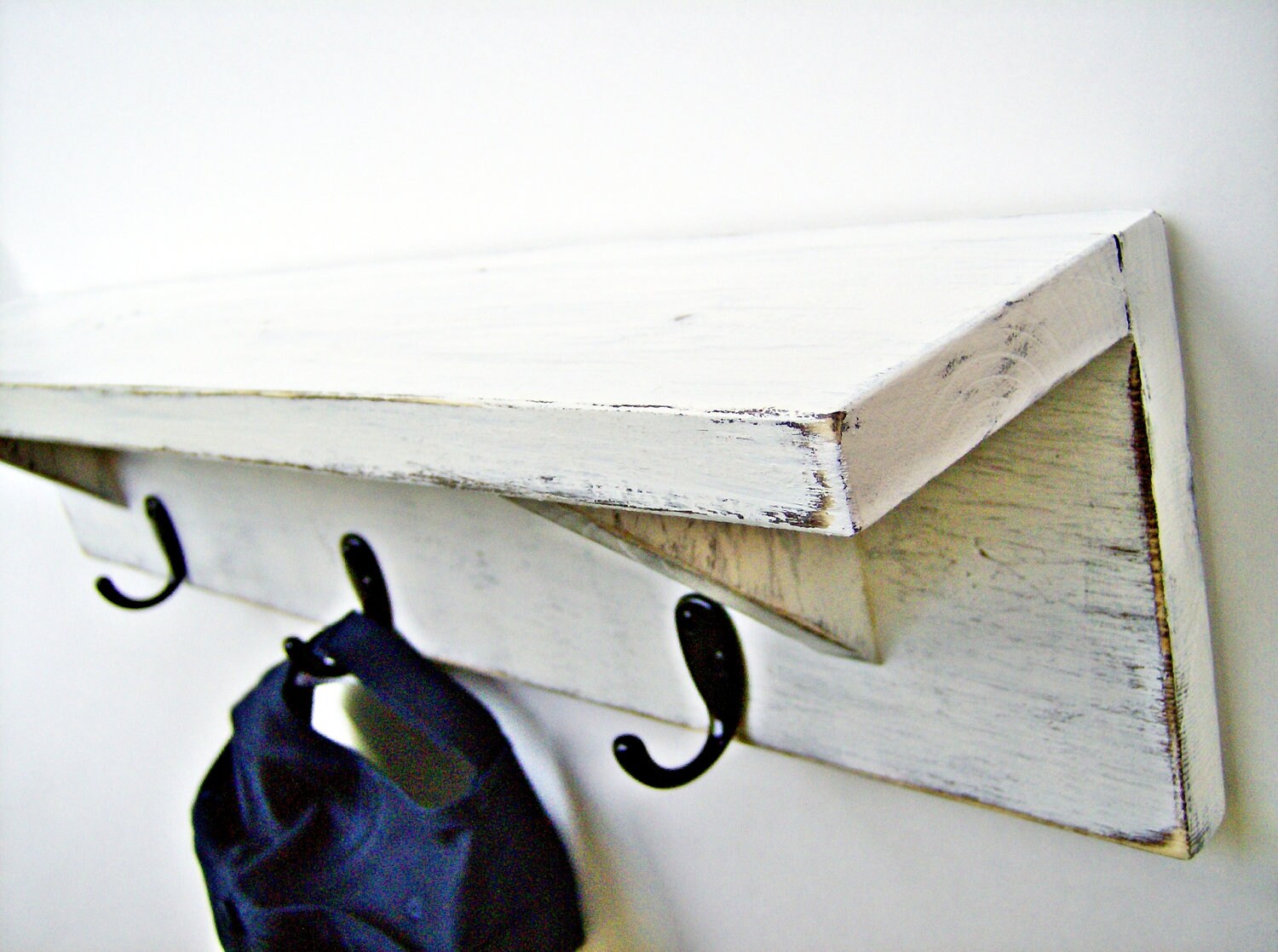 Wood Wall Shelf with hooks ANTIQUE WHITE 24 inch Rustic