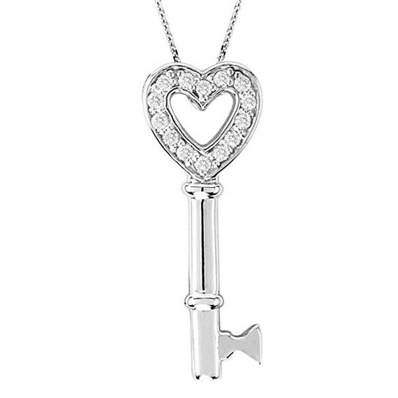 Diamond Open Heart Pendant Necklace Key 14k White Gold