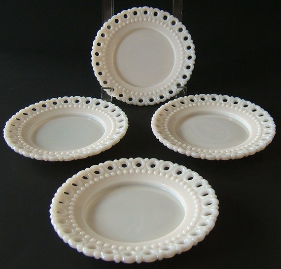 Westmoreland Milk Glass Lace Edge Beaded Dessert Plates set