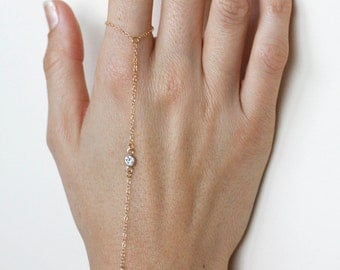 Finger Bracelet, Gold Slave Bracelet with CZ Diamond Gold 14kt Gold Filled