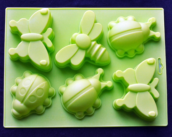 LARGE Silicone Soap Mold Cake Jelly Mold - 6 Insects Butterfly Dragonfly Ladybug