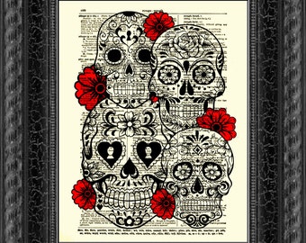 Sugar Skull Art Collage With Red Flowers Art On An 1897 Dictionary Page, Wall Decor, Day of the Dead, Halloween Decor, Halloween Party Decor