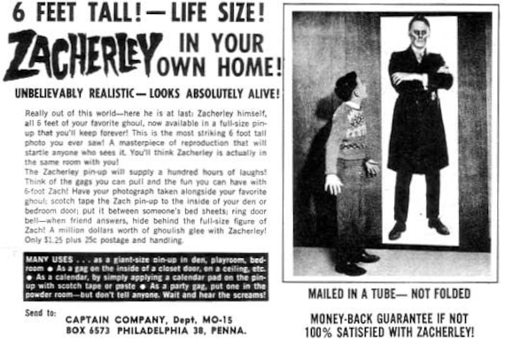 Halloween Decoration..Vintage 6 Foot ZACHERLEY Poster... Sold by the Captain Company of... Famous Monsters of Filmland 1960