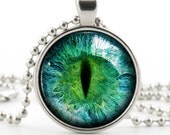 Cats Eye Necklace - Green Cats Eye Pendant - Silver Glass Dome Pendant - Picture Jewelry - Prismatic Green Eye Art with Chain and Gift Bag