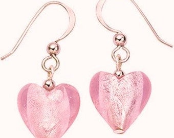 Solid Pink Murano Glass Heart Beaded Dangle Earrings