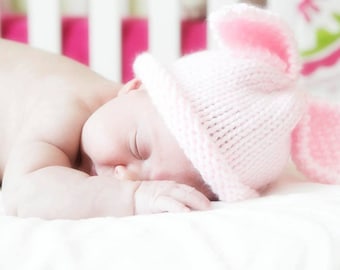 Premature preemie pink girl baby hat - bunny rabbit baby ear hat - pastel pink - Easter spring photography prop - hand knit vegan babyshower