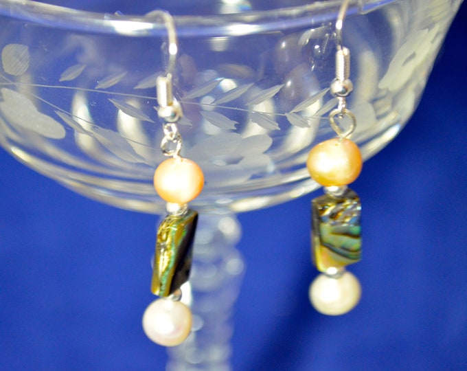 Pearl & Paua Earrings, Sterling Silver, 2 Inches Long E262