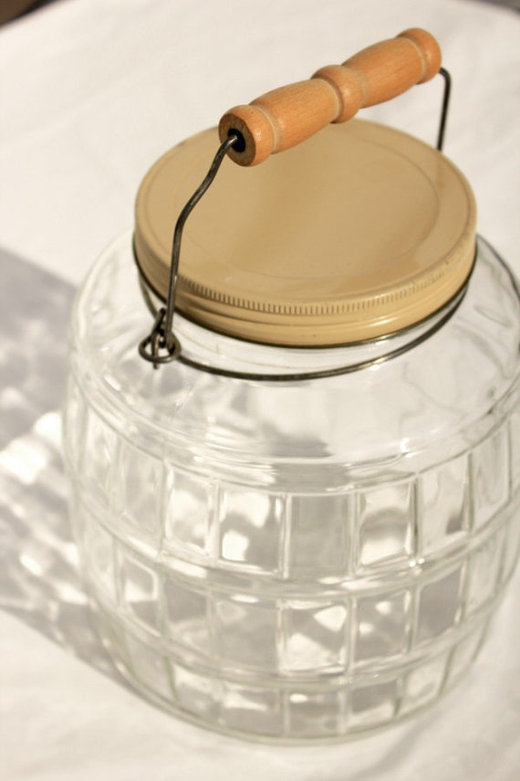 Vintage Large Clear Glass Pickle Jar with wooden handle and