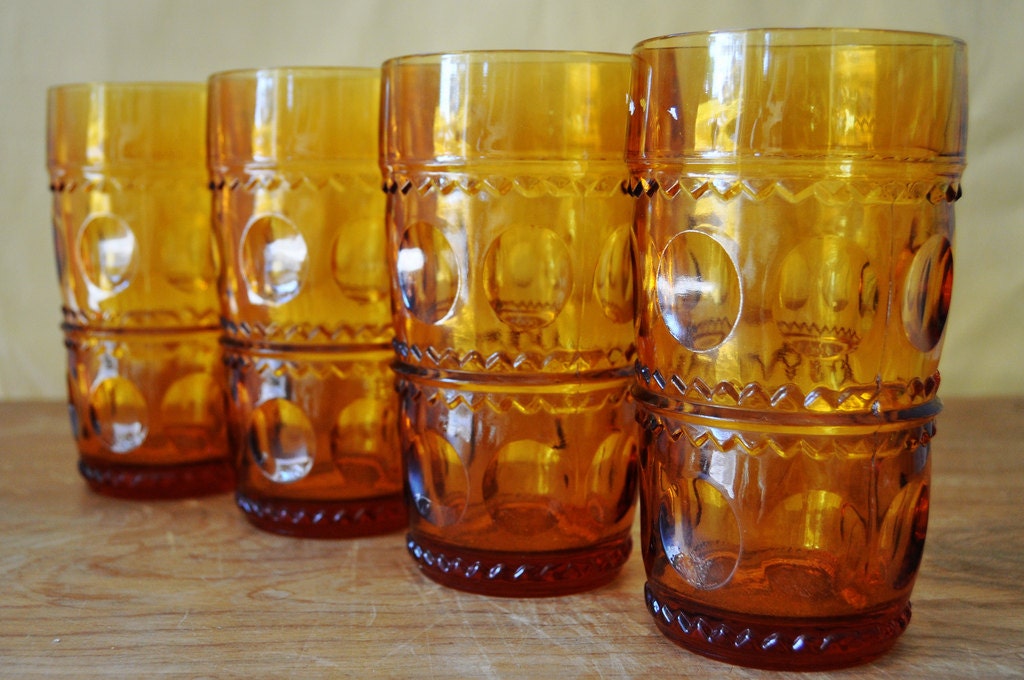 Vintage Amber Glass Drinking Set Set of 4 Glasses Retro