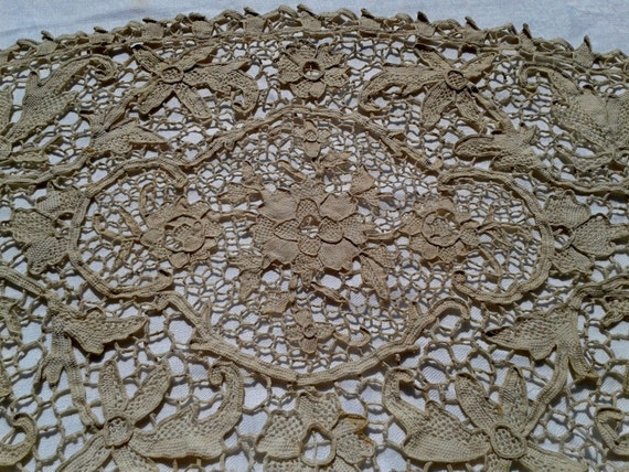 Table Center Lace Art Antique French Hand Made  - Large Doily-  Floral Lace- Cotton -Cream/Ivory Color- Diamond Shape Linen- Heavy Worked