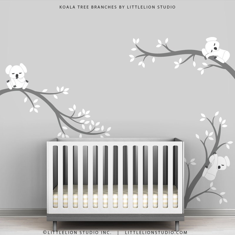 decals for wall baby rooms White Tree and Baby Decals Koala Wall Room Grey Decals Kids