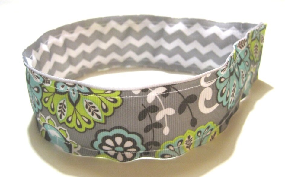 Preppy REVERSIBLE Headband Cute Lime Green Grey Flowers