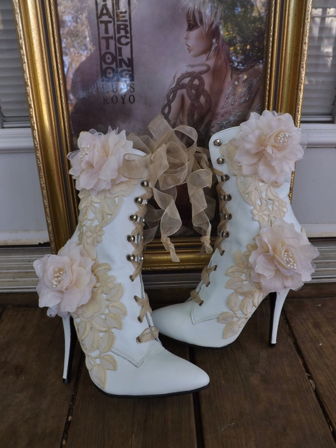 white victorian lace up wedding boots