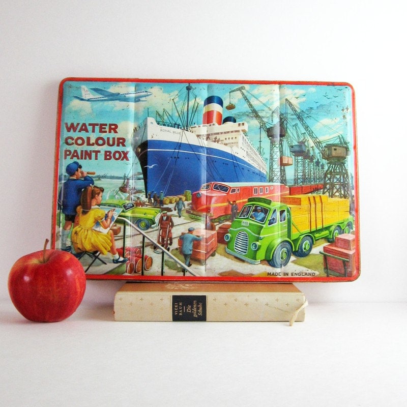 Vintage Watercolor Paint Box Large Tin Box Metal Storage