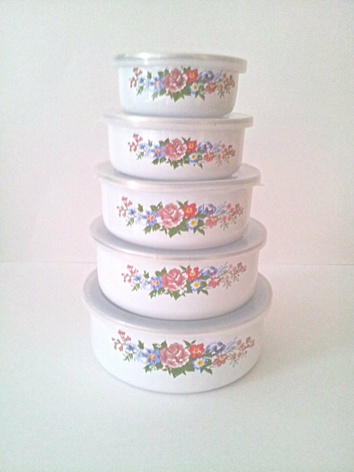 Vintage Nesting Enamel Metal Mixing Bowls with Lids