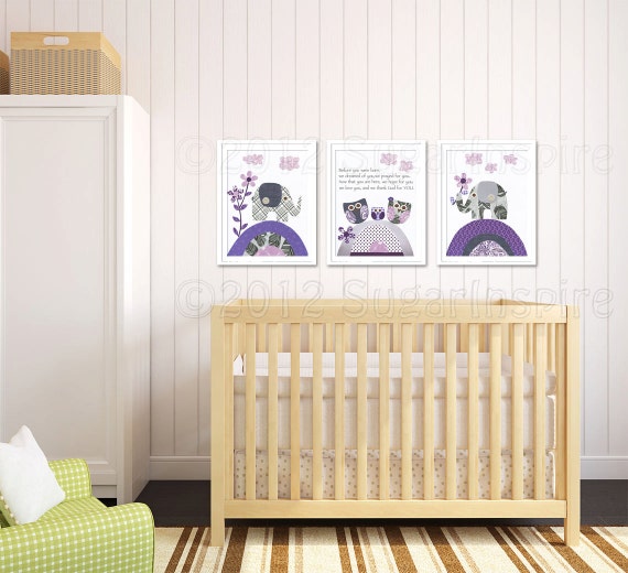 Purple and Grey Nursery art print set Kids Room Decor