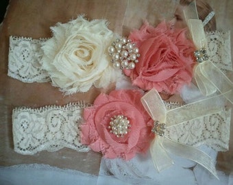 Bridal Garter, Wedding Garter and Toss Garter - Vintage Rose/Ivory Garter Set with Pearl & Rhinestone - Style G211
