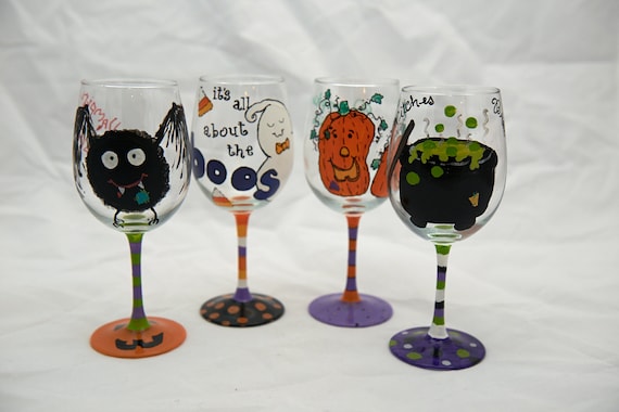 Set of 4 Hand Painted Halloween  wine glasses 