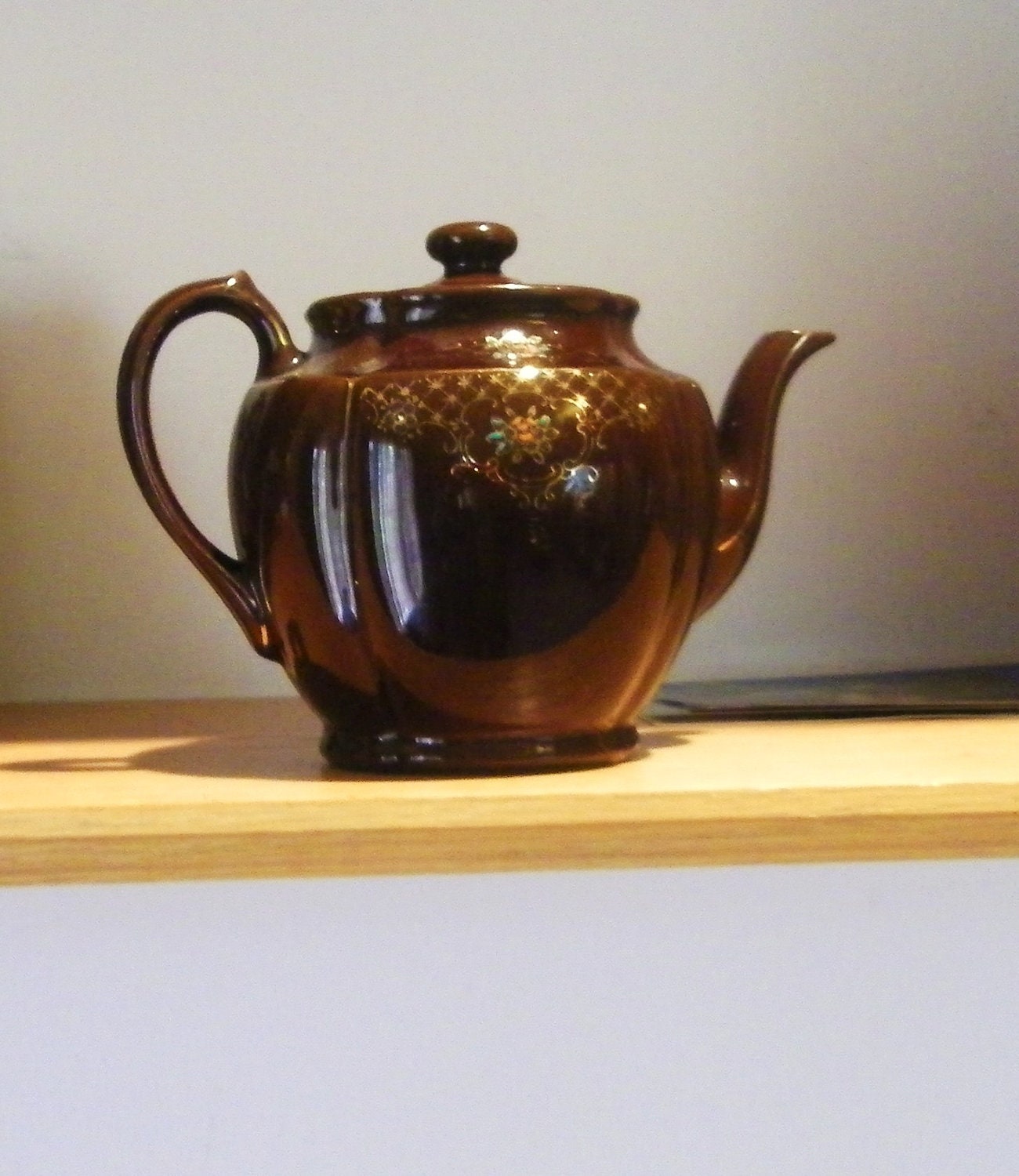 Vintage Japanese Redware Small Brown Teapot with HandPainted