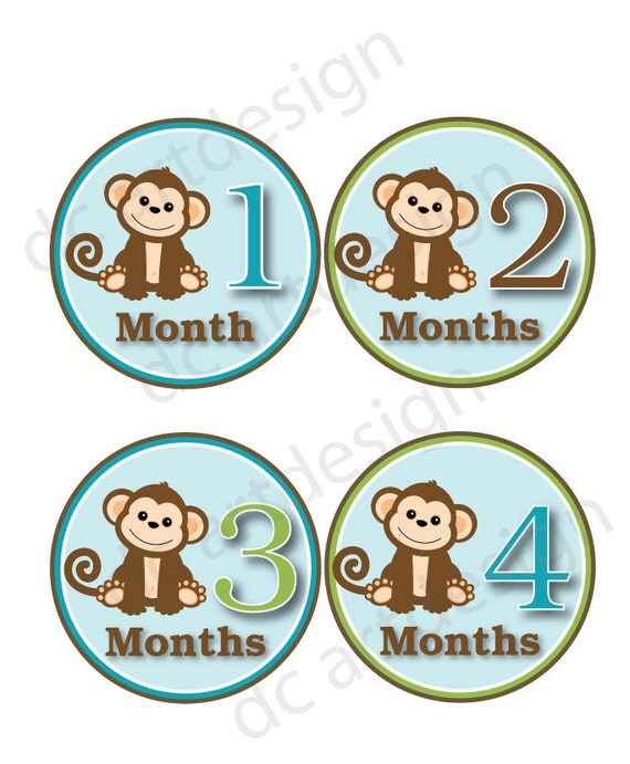50% Off. Printable Blue & Green Monkey Monthly Baby Stickers.
