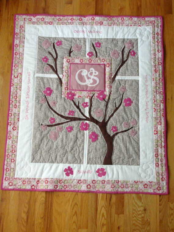 Personalized Cherry Blossoms Baby Quilt with Name and Date of