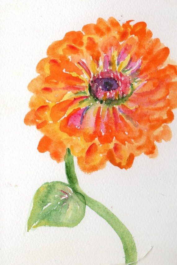 Zinnia Watercolors Painting Original, 5 x 7, flowers watercolor, Orange