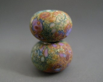 Naos Glass Lily Pad Gardens Pair Made To Order Handmade Lampwork Beads SRA Artisan Glass Beads Teal Rust Tones Lilac Lavender