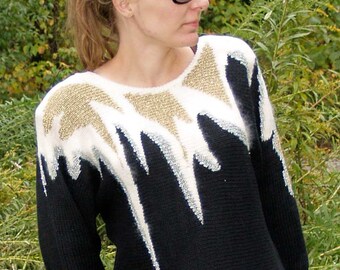 VINTAGE 80s Graphic SWEATER, Black GOLD and silver, dolmen sleeves and shoulder pads