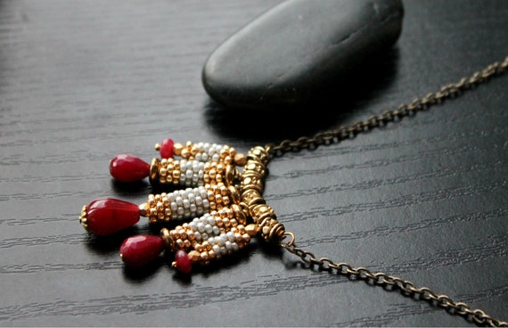 Long Brass Ruby Necklace with seedbeads,bali spacers-statement necklace rubies and diamonds - Columns of Grace