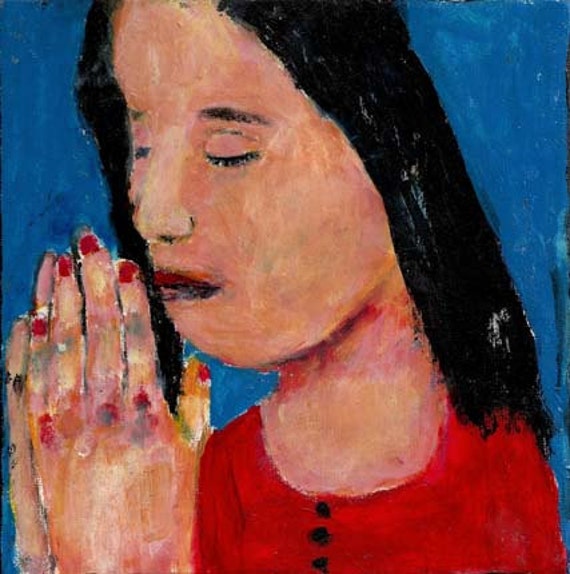 6x6 Acrylic Portrait Prayer Painting Religious Spiritual Little girl praying Hands clasped Blue background Original painting no 3