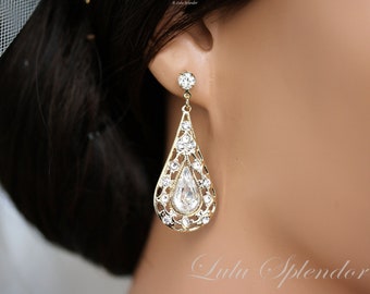 Wedding Earrings Gold Crystal Teardrop Filigree Bridal Earrings Simple Crystal Teardrop Vintage Style Bridal Jewelry MIER