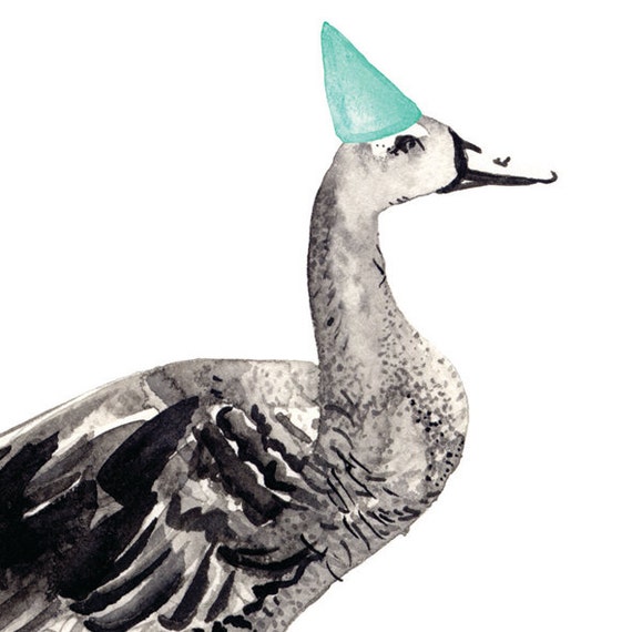 Party Animal Goose with Party Hat Watercolour Pen by gentlearts