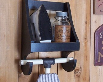 Ironing Board Storage Shelf for the Laundry Room Wooden Primitive Farmhouse Cubby Shelf Iron Holder Storage Lamp Black / Color Choice