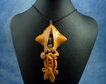 Brass Steampunk Squid Necklace, Polymer Clay Neo-Victorian Cephalopod Jewelry