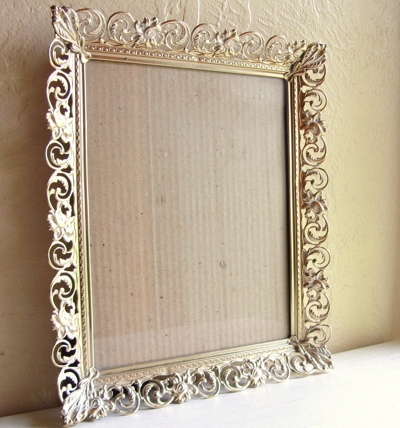 Vintage Gold and White Filigree Picture Frame with Glass 8x10